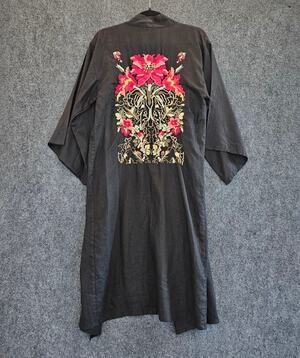La Troupe Black Linen Embroidered Floral Kimono Duster Jacket Boho Size 2